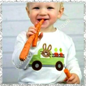 Kid's Easter Bunny driving a Truck carrying carrots white long sleeve shirt